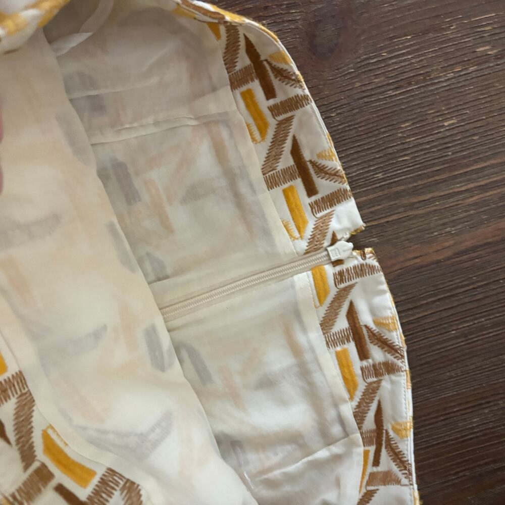 Tory Burch Geometric Embroidered Knee Length Skirt 6 Yellow Cotton Faux Wrap - Picture 9 of 12